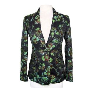 Badgley Mischka Emerald Multi Floral Jacquard Jacket Blazer Size 2 Retail $360